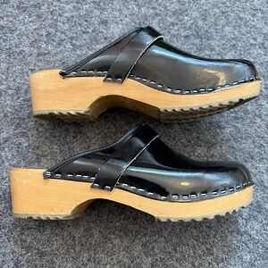 Bjork LEIA Wood Classic Clogs Swedish Boho Scandi Black Patent Leather